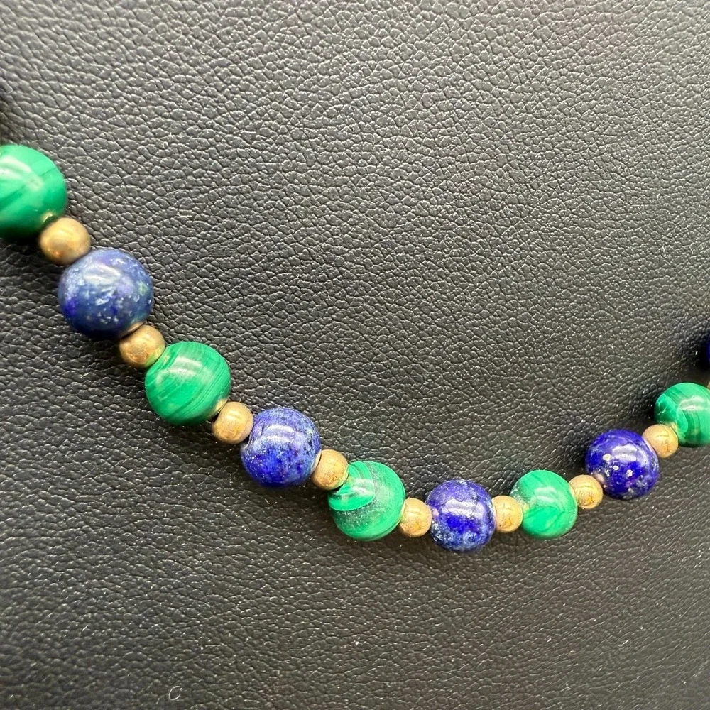 💚💙 Vintage Malachite & Lapis Bead Necklace 14/20 Gold Filled Clasp‎ 18